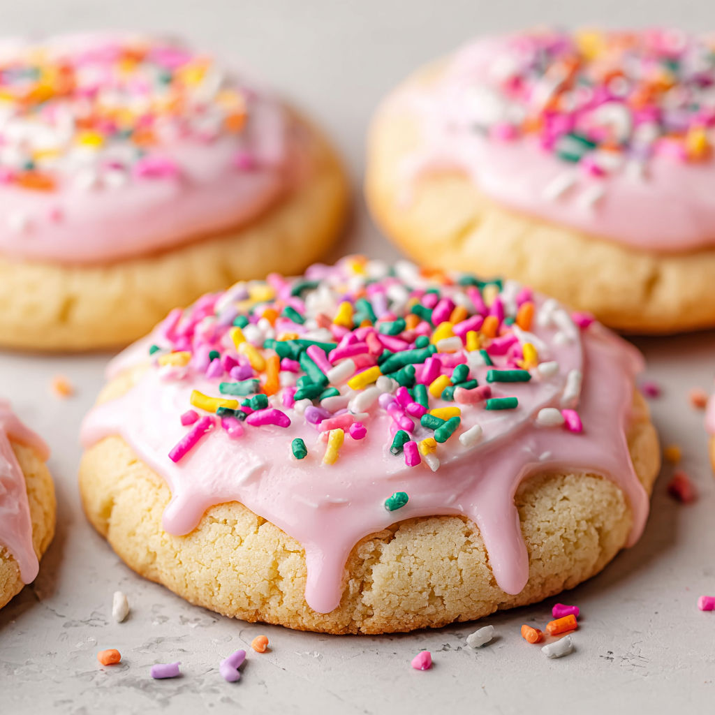 A close up of a frosted sugar cake cookie.
