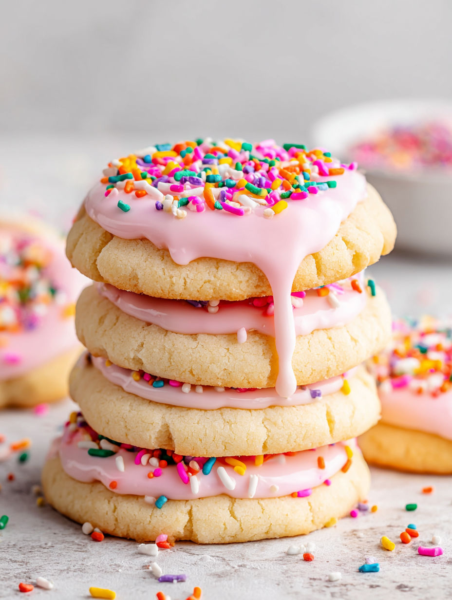 A stack of frosted sugar cake cookies.