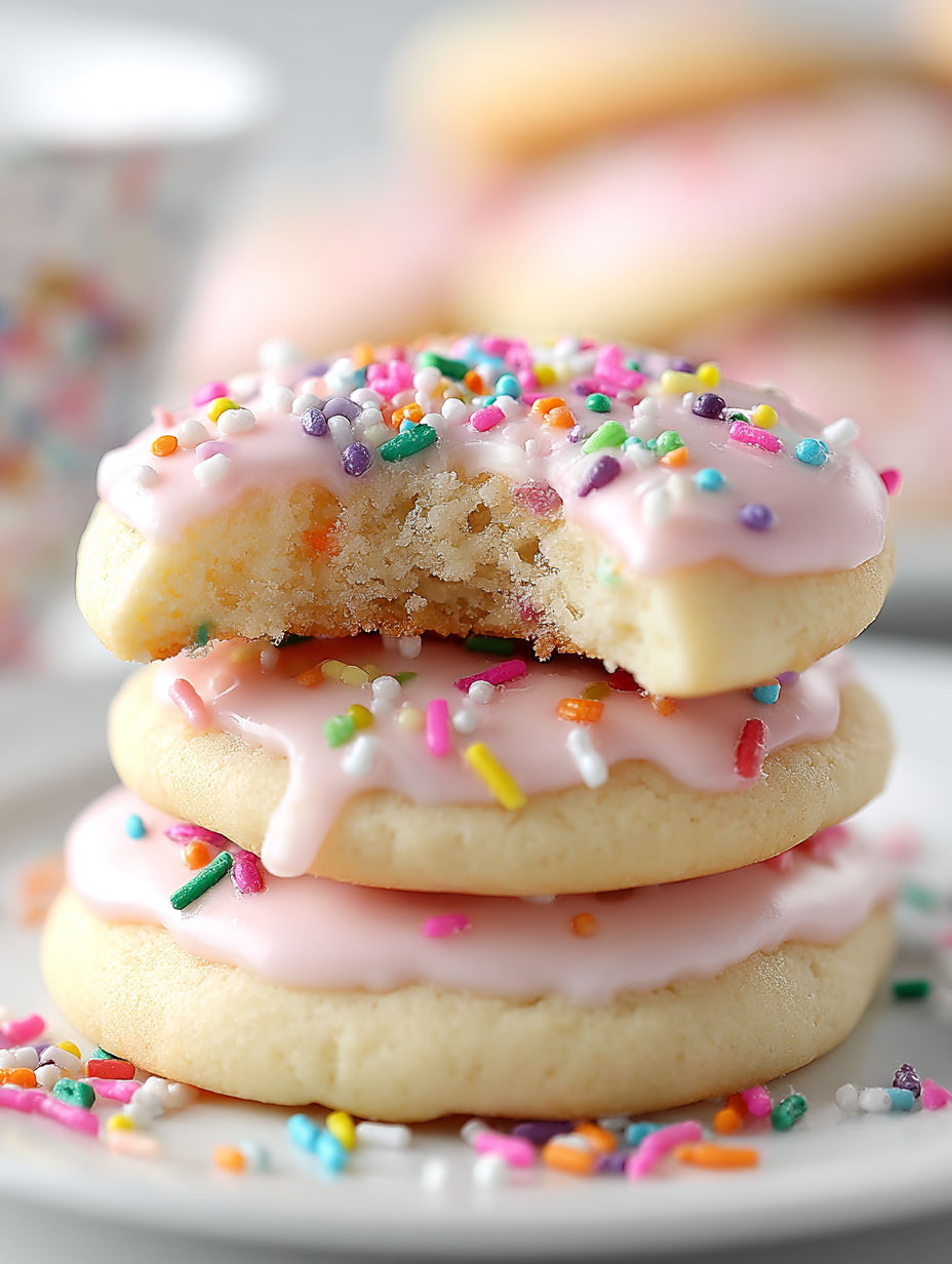 A stack of frosted sugar cake cookies.