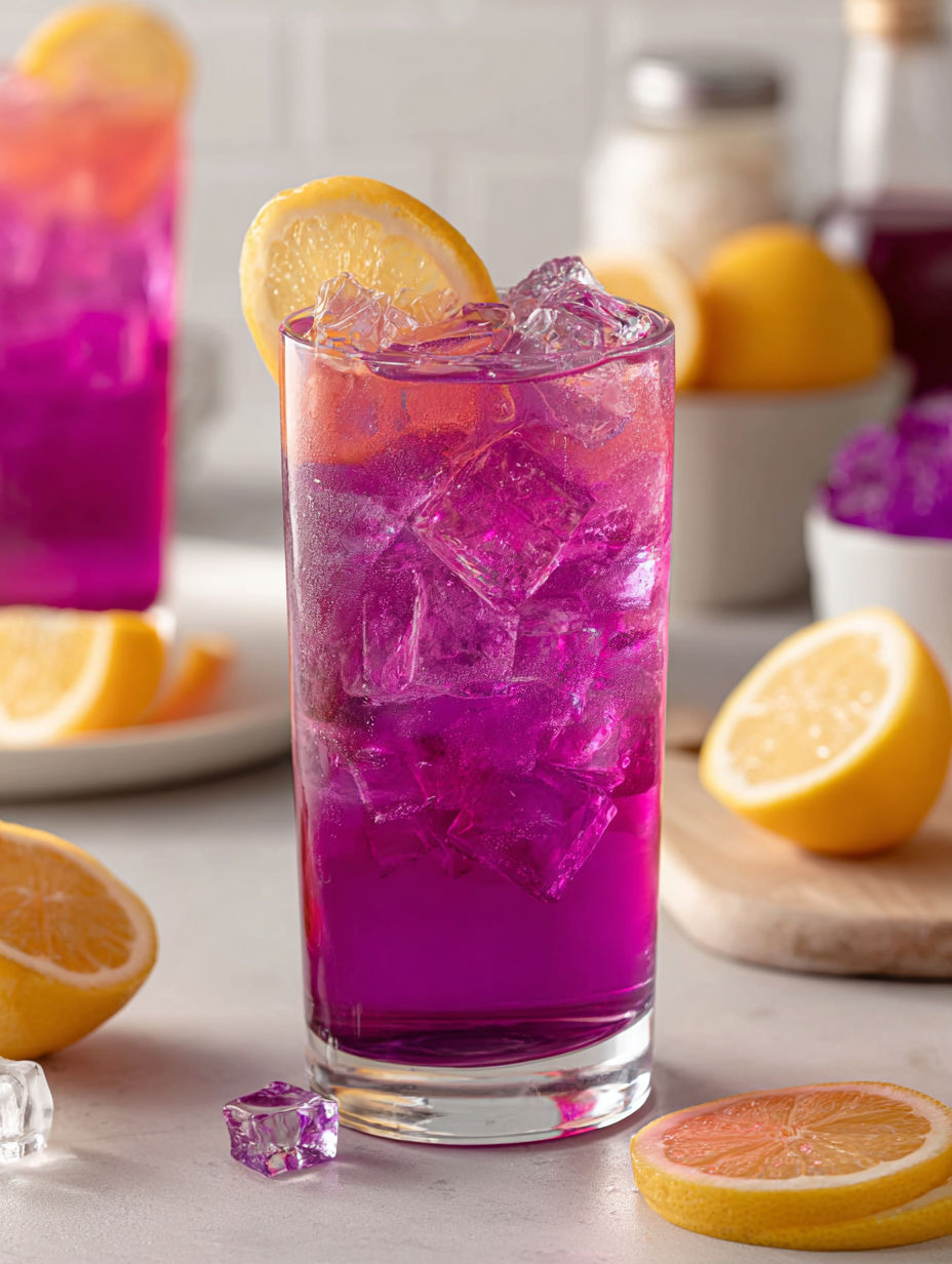 A glass of Witch's Sparkle Lemonade with a slice of lemon.