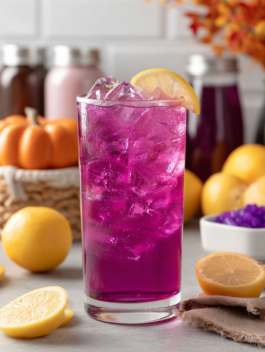 A glass of Witch's Sparkle Lemonade with a slice of lemon.
