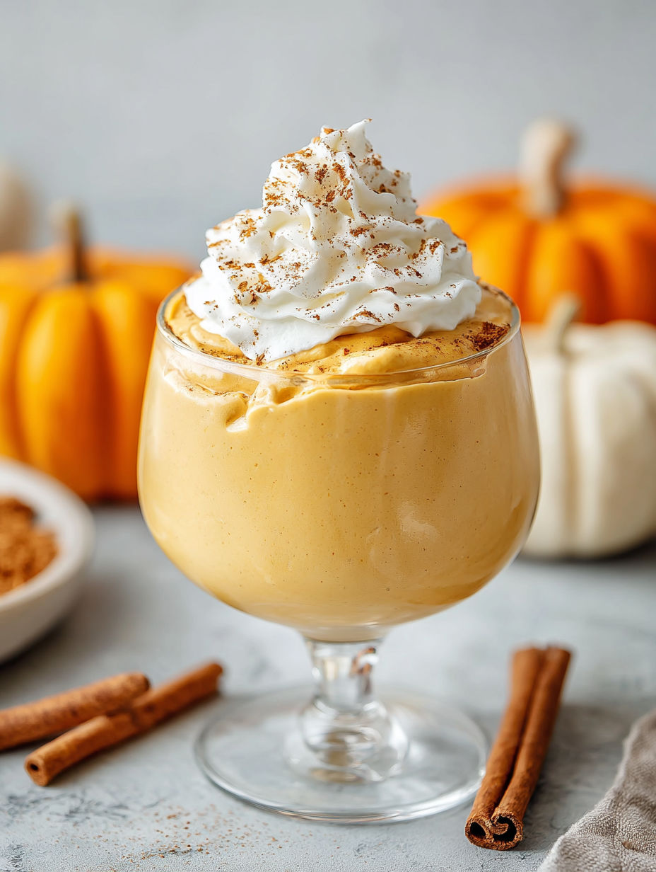A glass of pumpkin mousse with whipped cream on top.