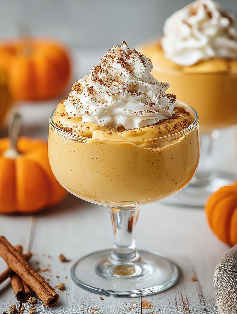 A glass of pumpkin mousse with whipped cream on top.
