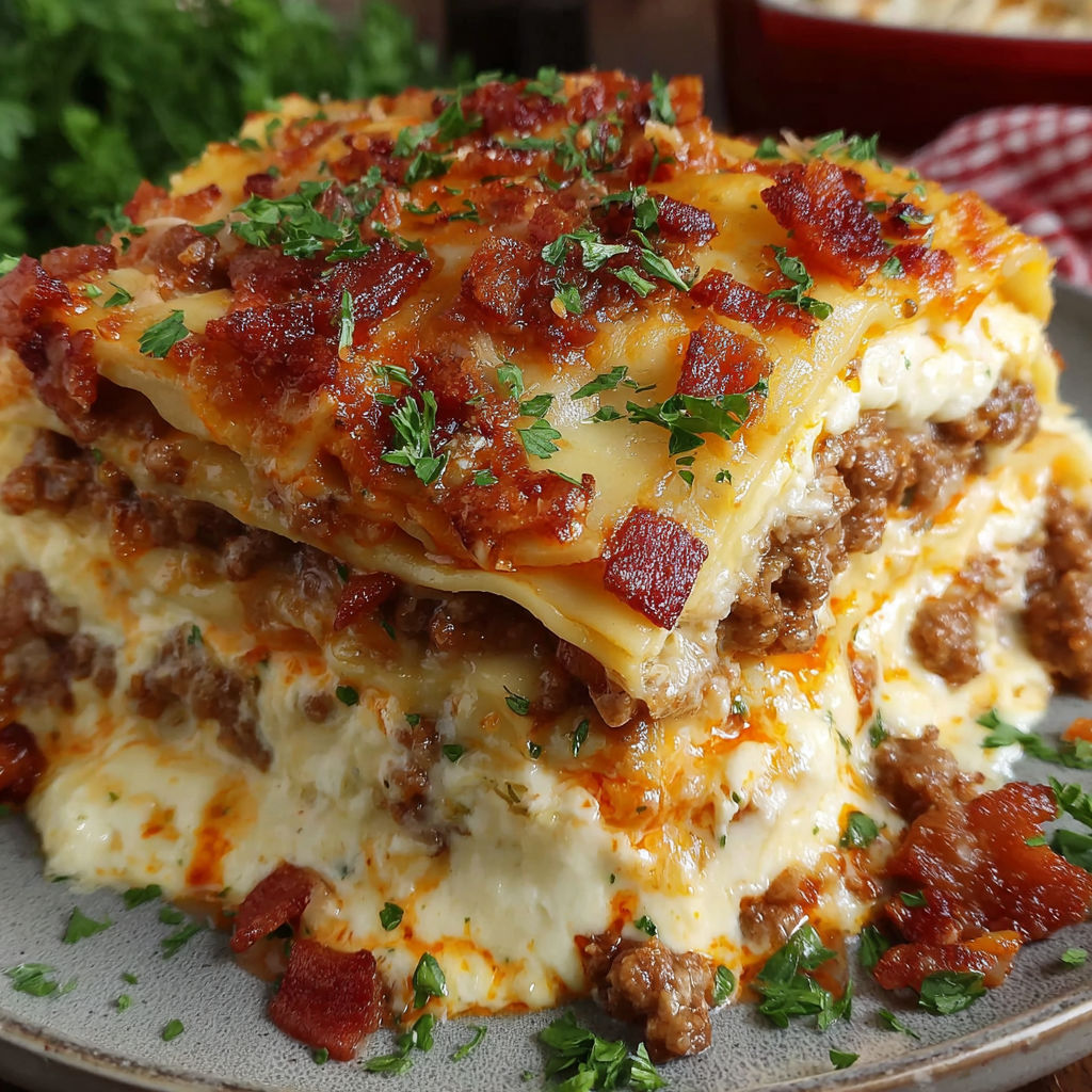 A stack of Parmesan Garlic Bacon Lasagna.
