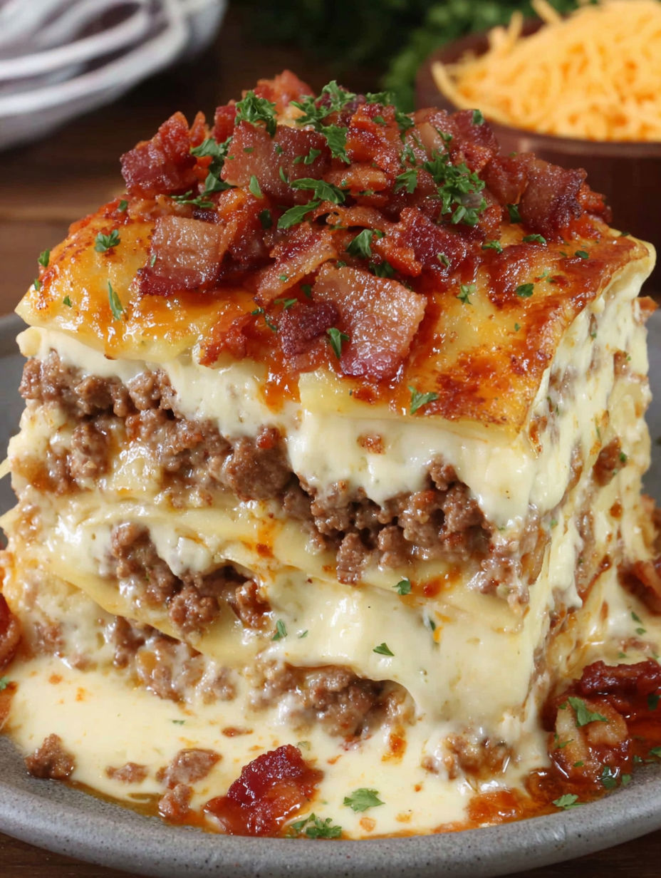 A stack of Parmesan Garlic Bacon Lasagna.