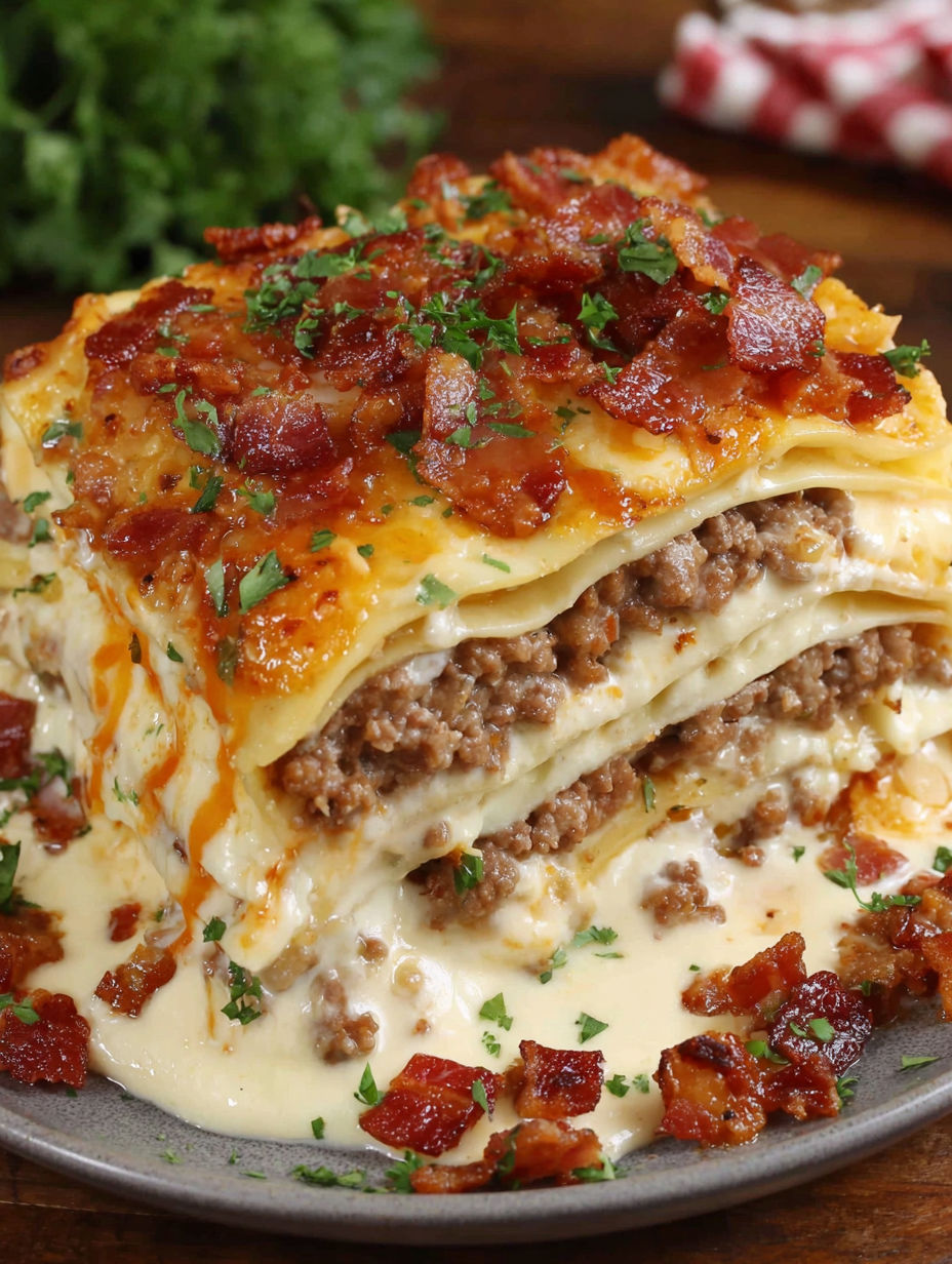 A close up of a Parmesan Garlic Bacon Lasagna.