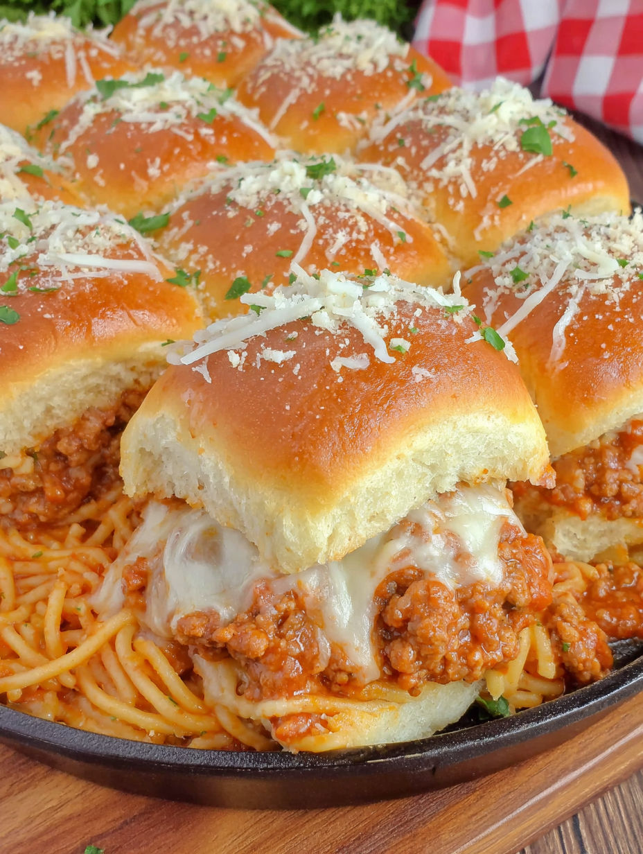 A plate of spaghetti sliders with cheese.