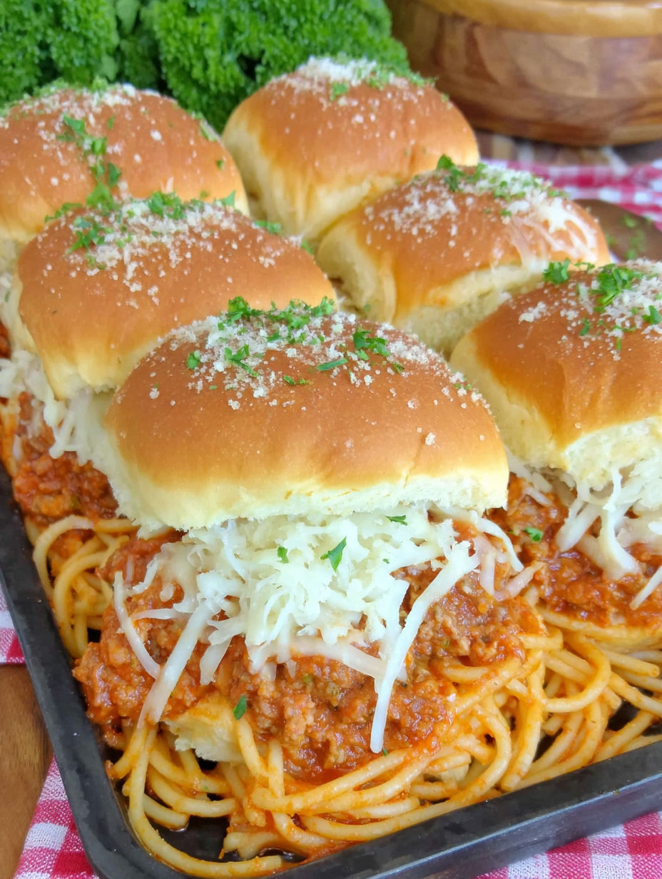 A tray of spaghetti sliders with cheese.