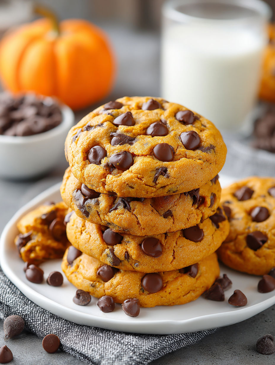 Pumpkin Chocolate Chip Cookies stacked on a plate.