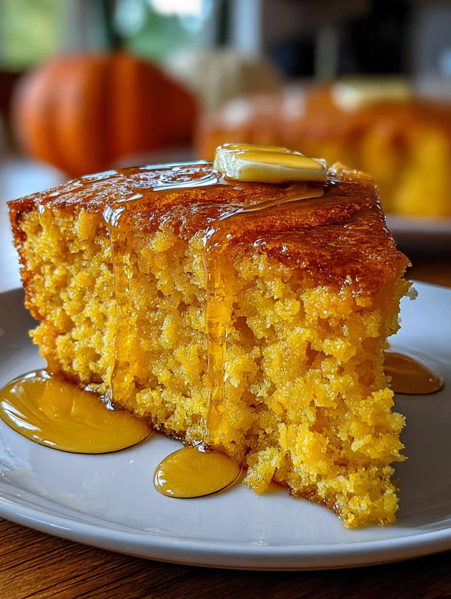 A slice of honey pumpkin cornbread.