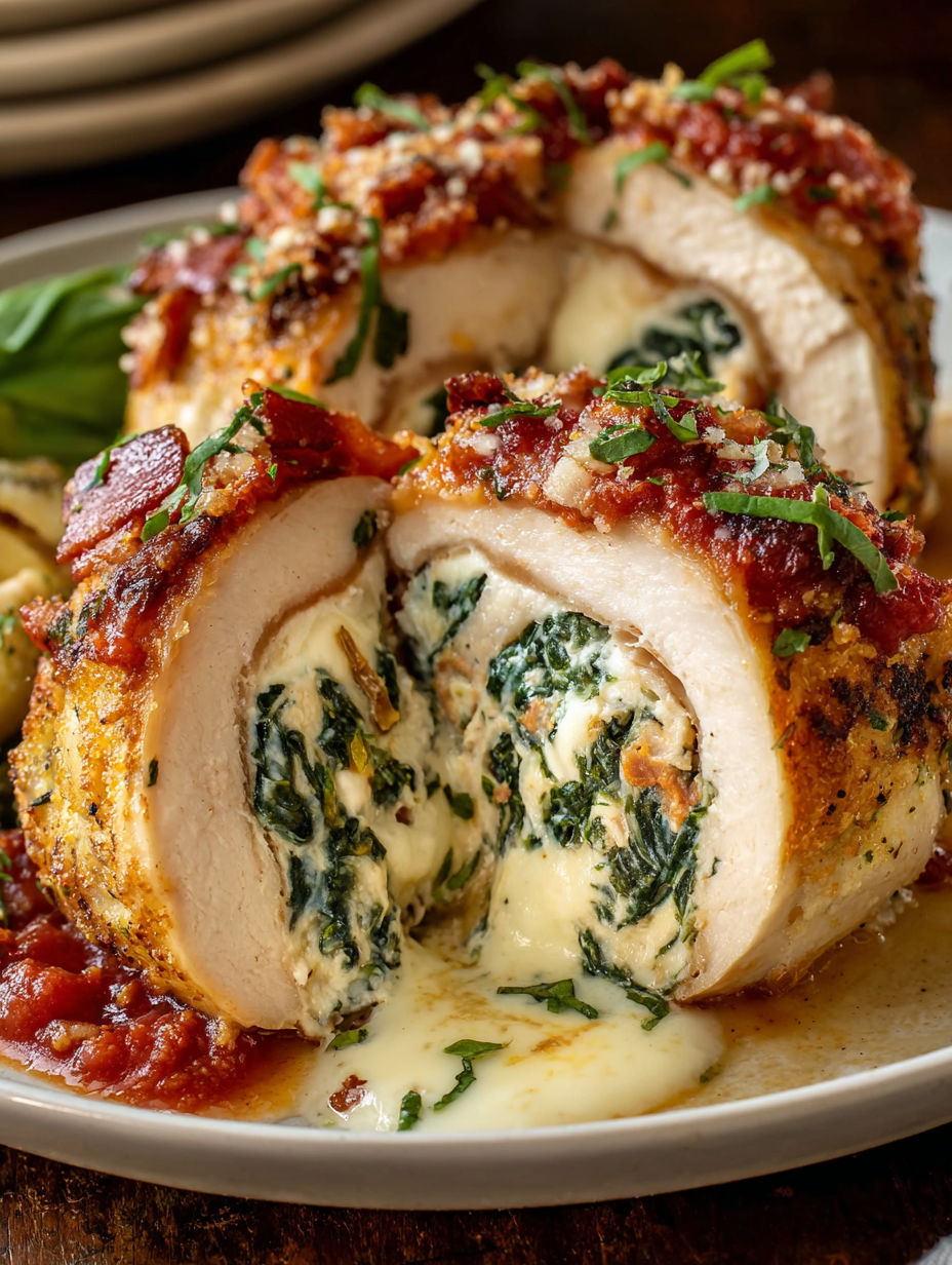 A chicken spinach cheese rollatini on a plate.