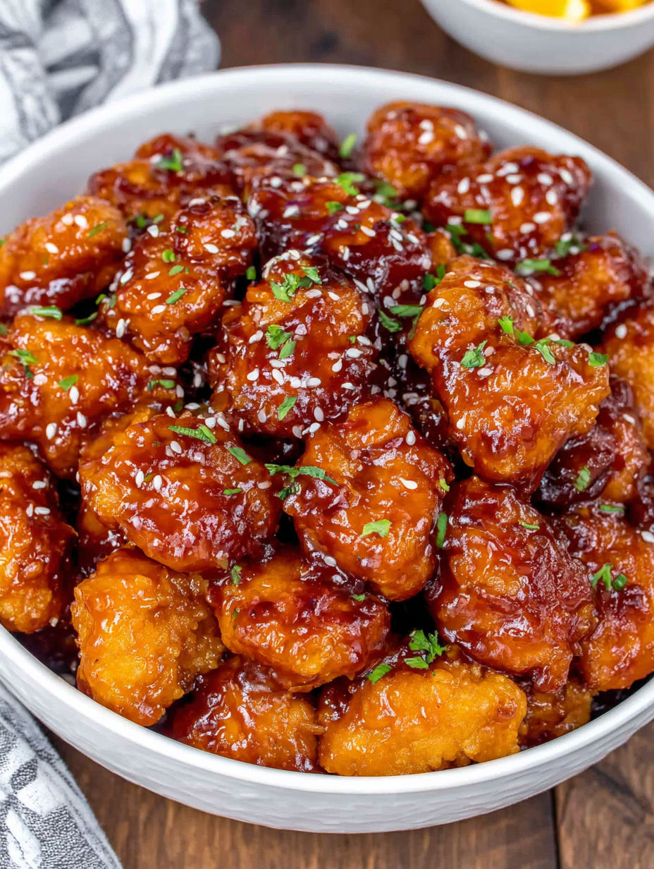 A bowl of orange chicken with sauce.