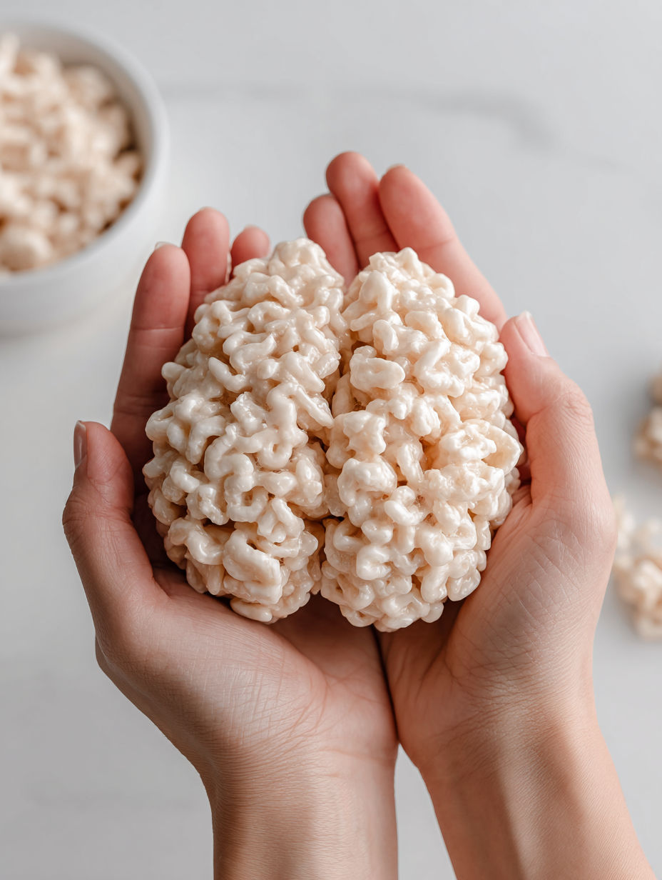 A hand holding a rice krispie treat shaped like a brain.