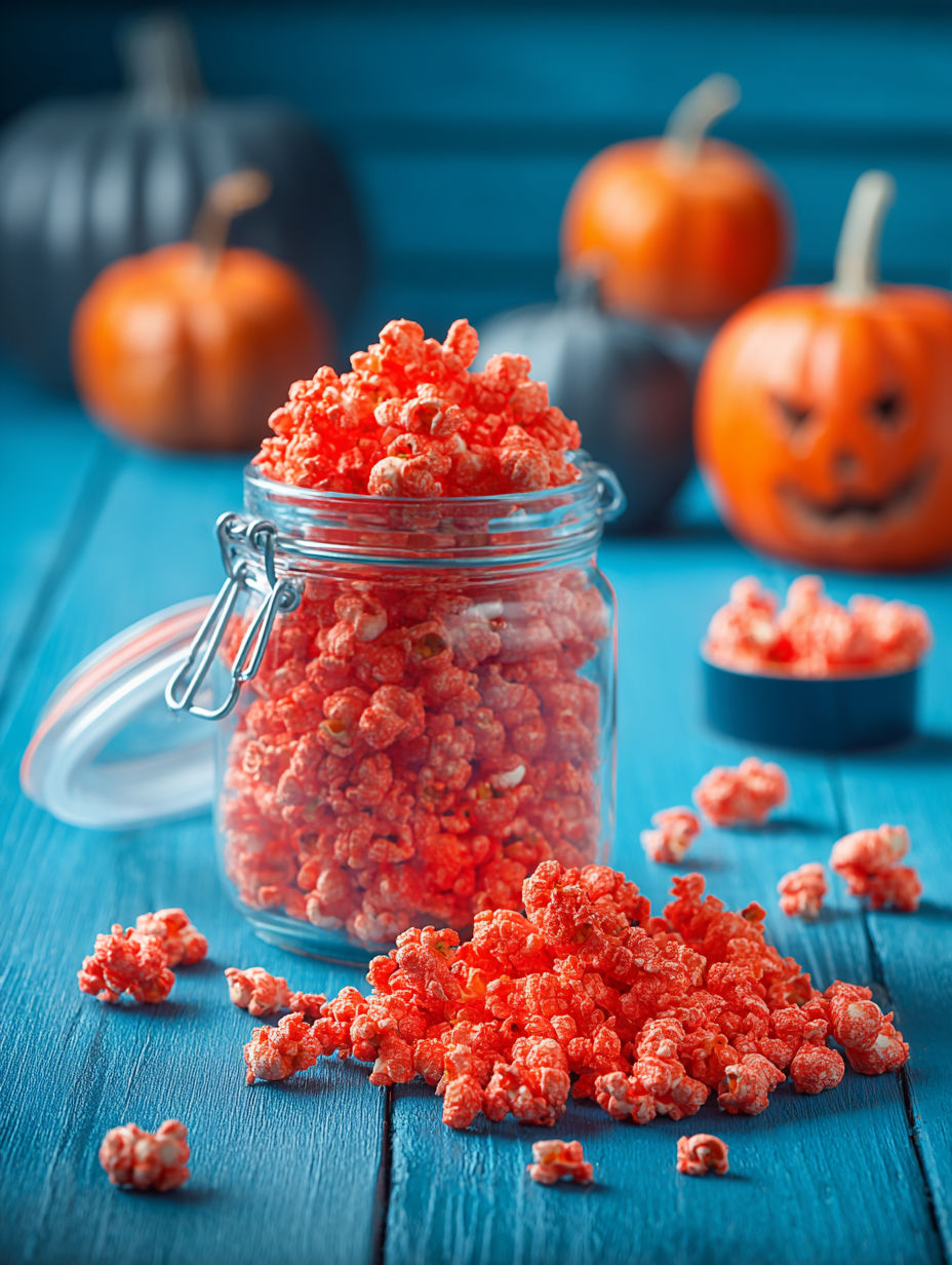 A jar of red candy-coated popcorn sits on a table.