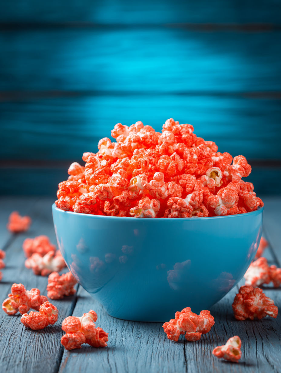 A bowl of red candy-coated popcorn.