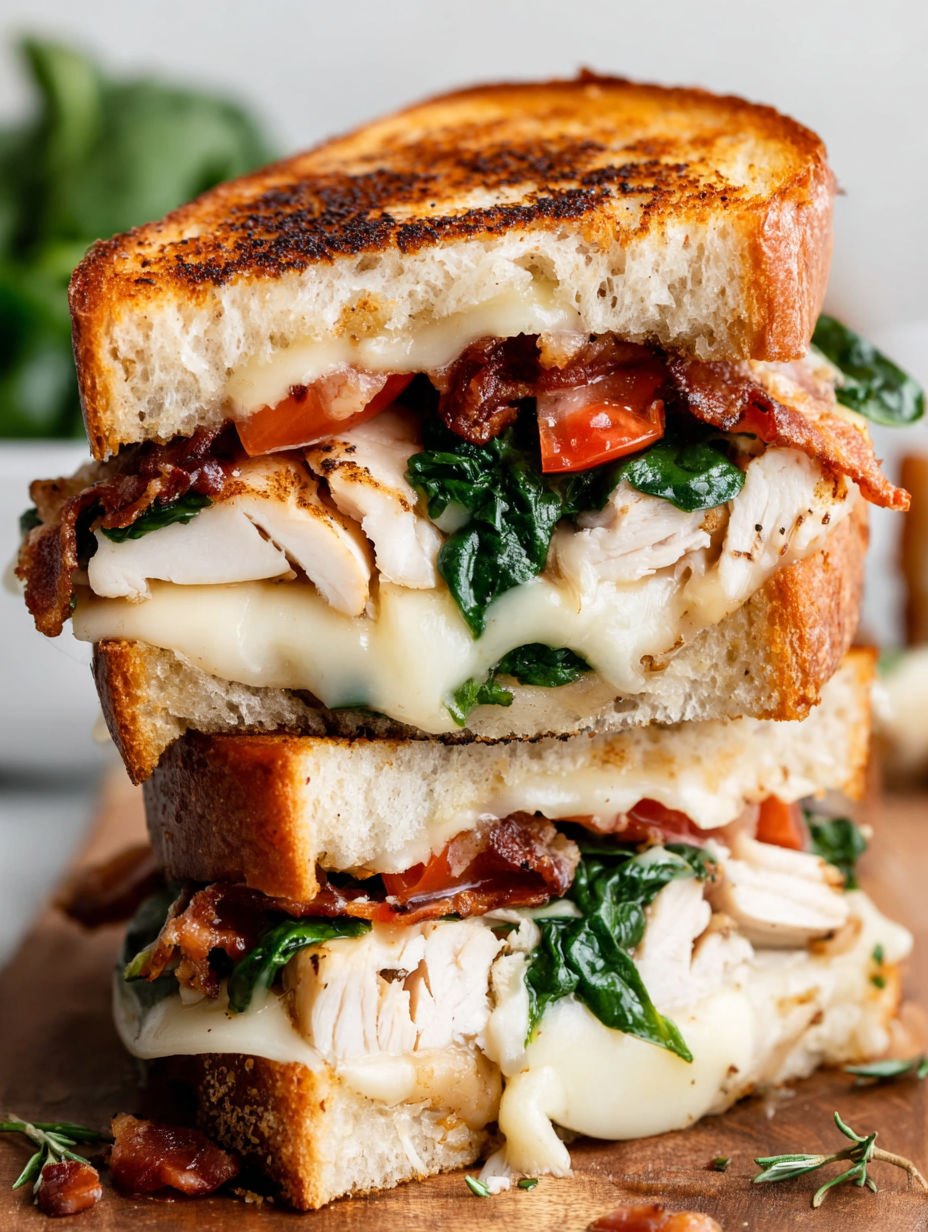 A sandwich with chicken, bacon, and lettuce.