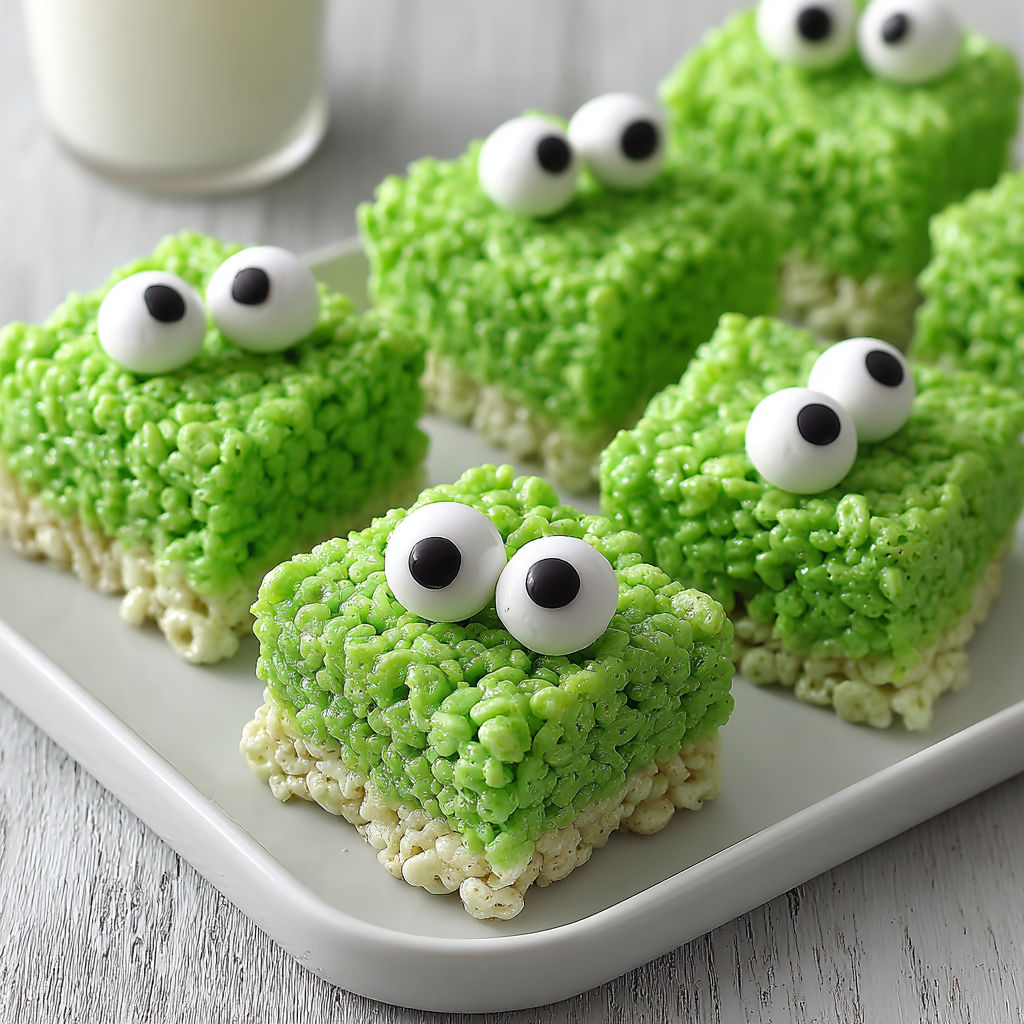 A plate of green rice krispie treats with googly eyes.