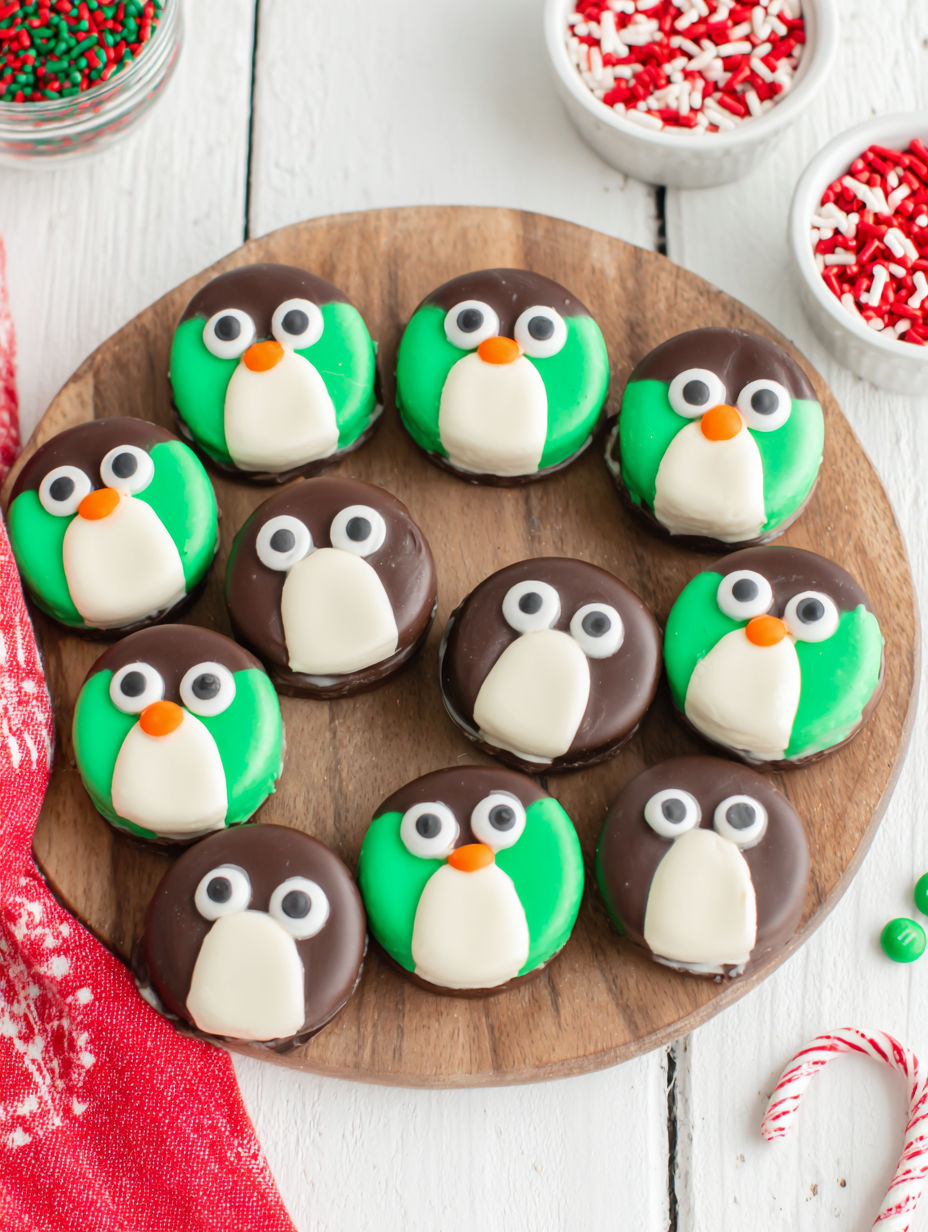 A plate of chocolate and green frosted cookies shaped like penguins.
