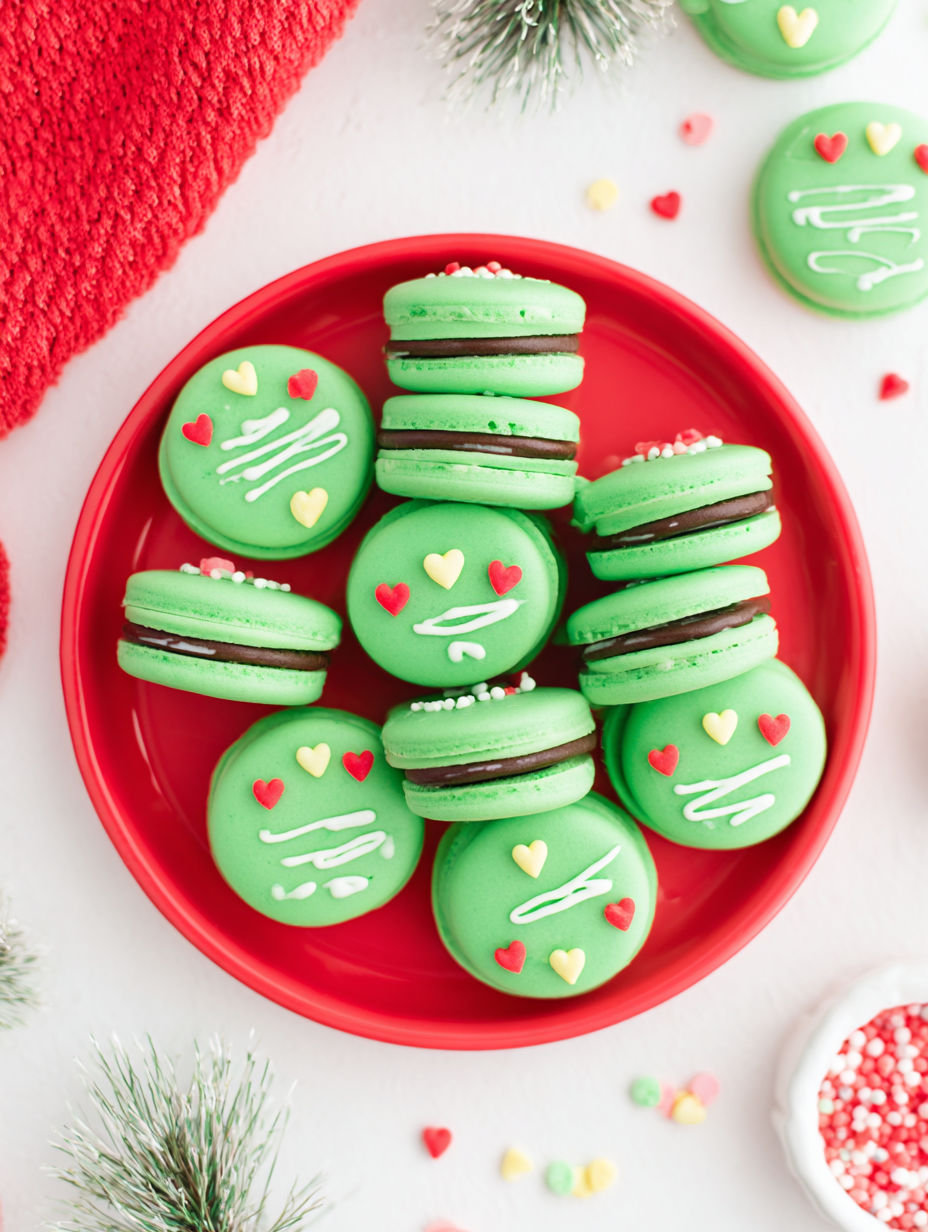 A plate of green and white cookies.