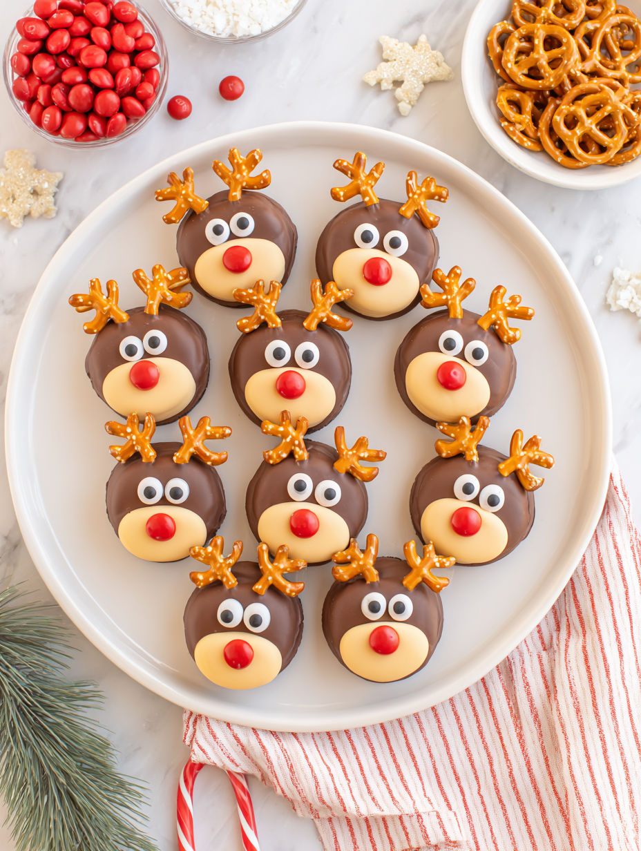 A plate of chocolate covered cookies shaped like reindeer.