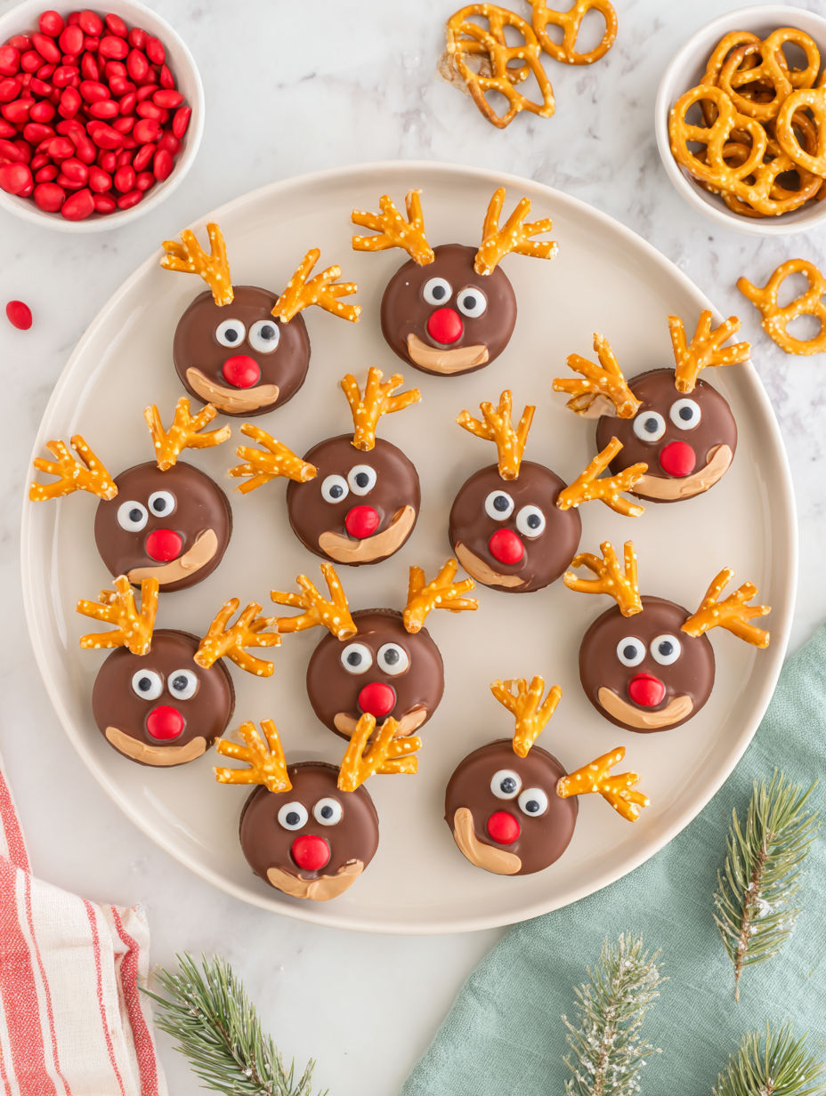 A plate of chocolate covered cookies shaped like reindeer.
