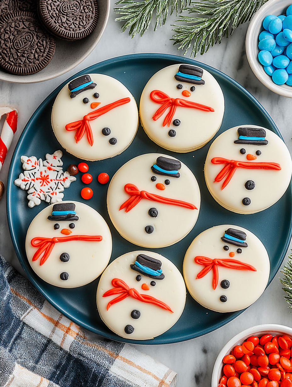 Snowman Oreos on a blue plate.