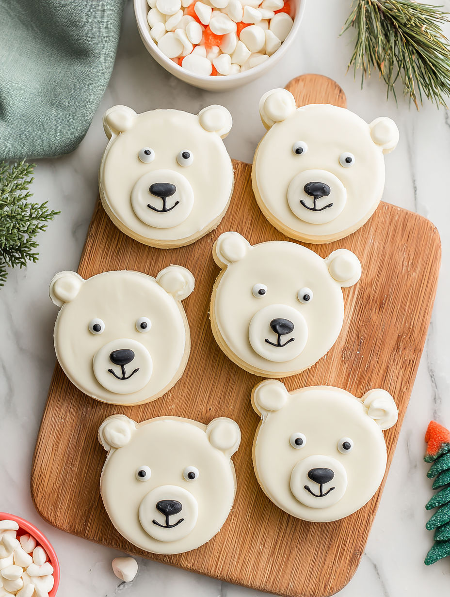 A wooden cutting board with six white frosted cookies shaped like polar bears.