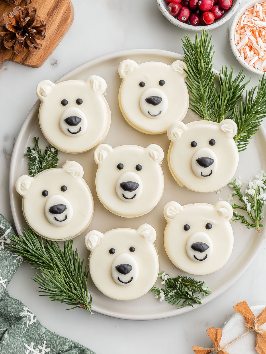 A plate of white and black polar bear cookies.