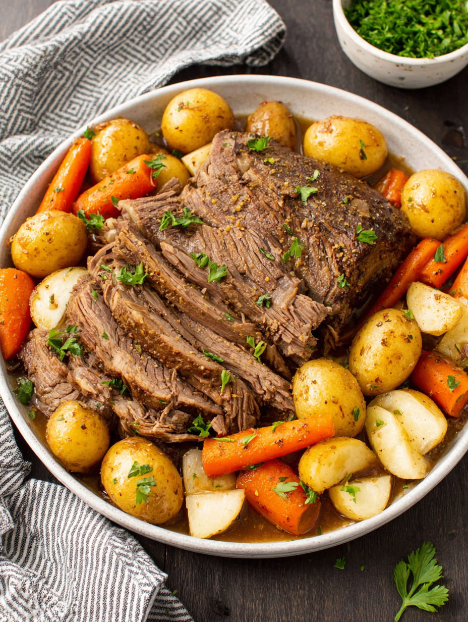 A slow cooker pot roast with potatoes, carrots, and parsley.