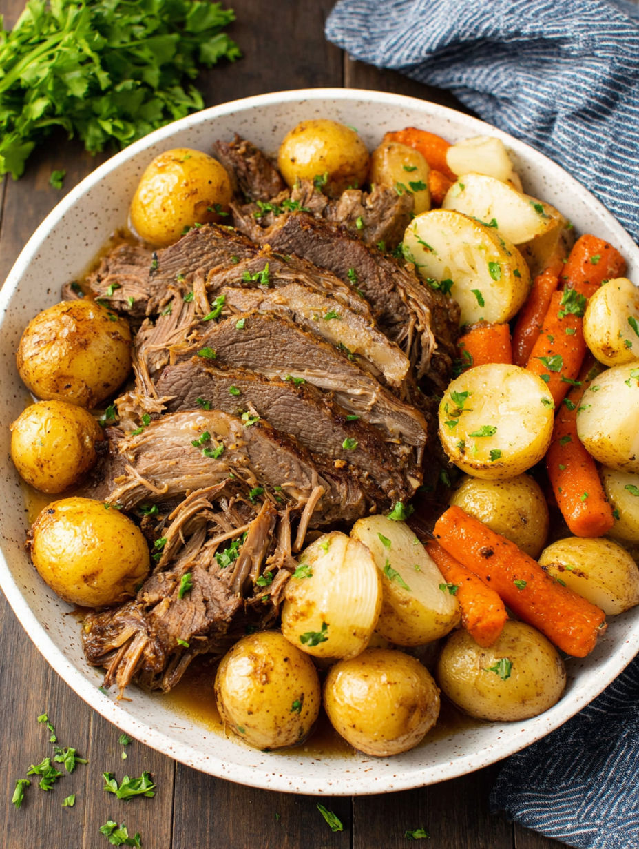 A slow cooker pot roast with carrots and potatoes.