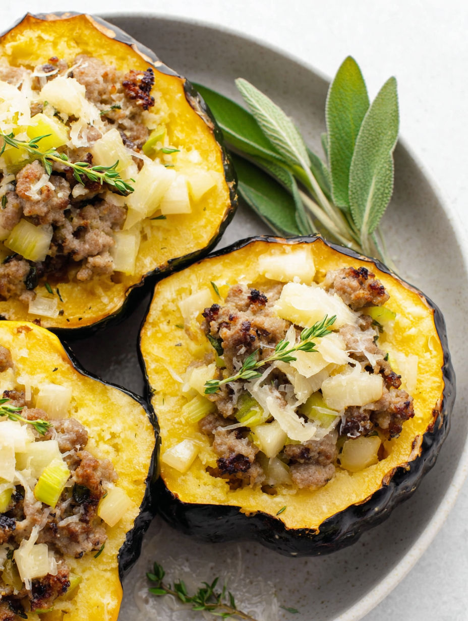 Sausage stuffed acorn squash on a plate.