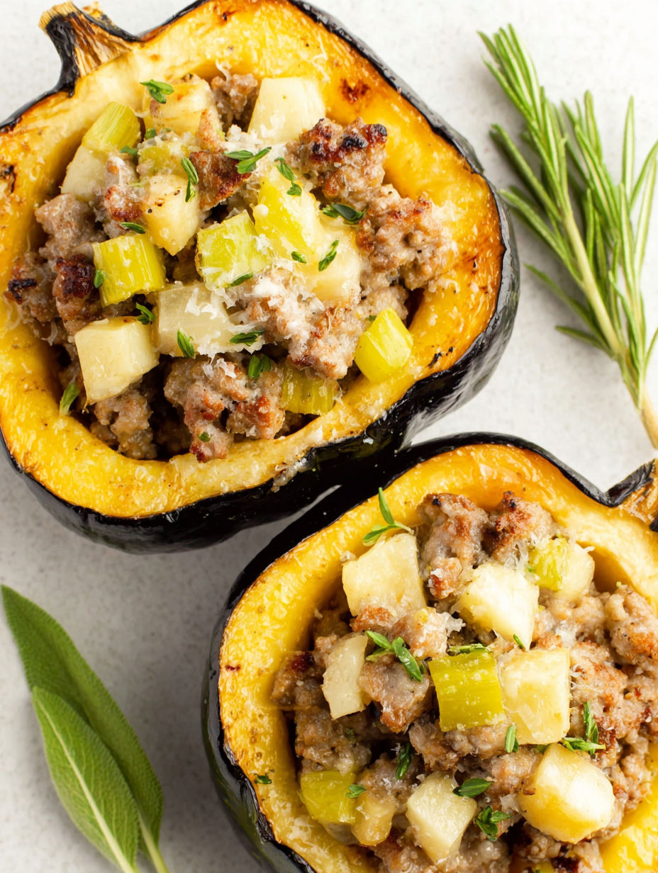 A stuffed acorn squash with sausage and cheese.