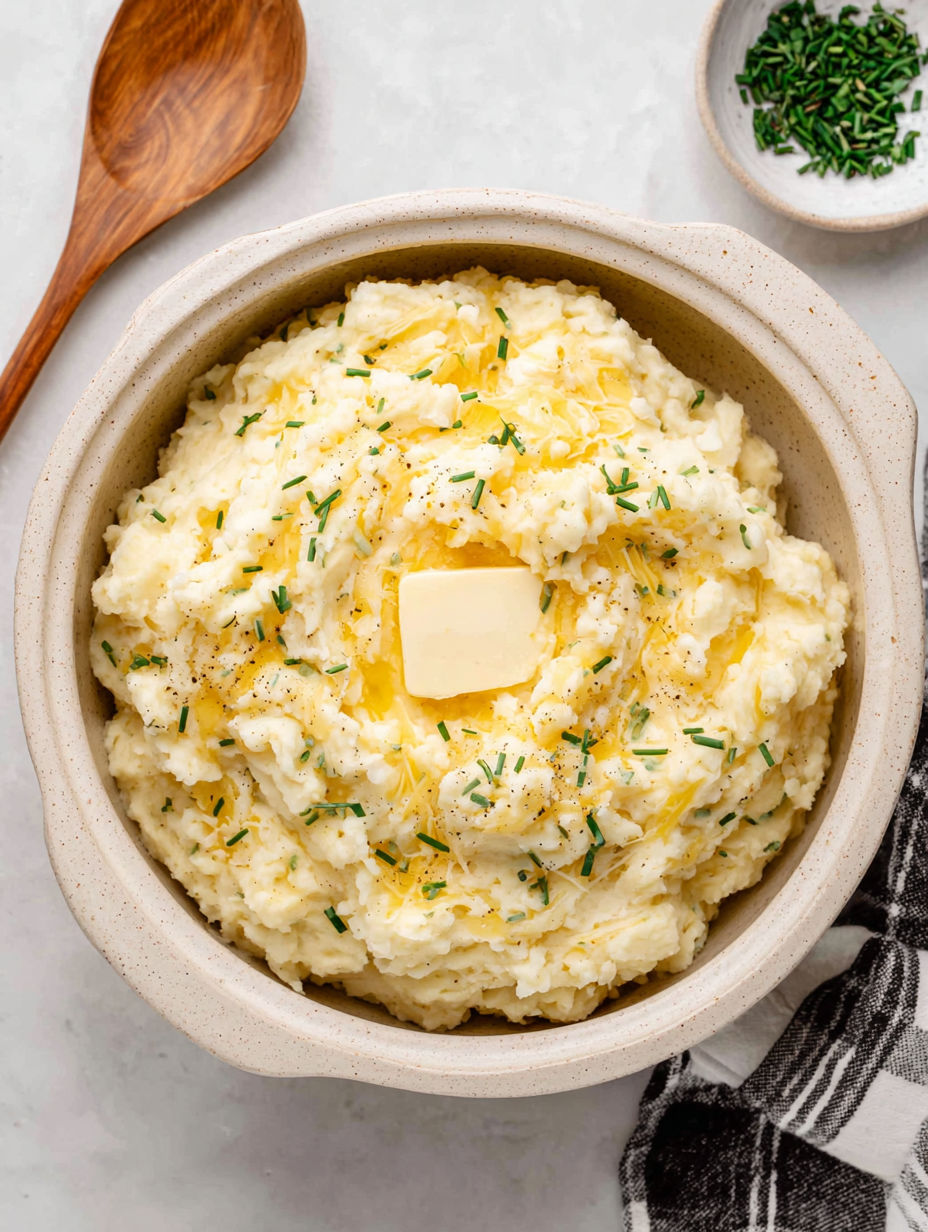A bowl of mashed potatoes with a butter knife in the middle.