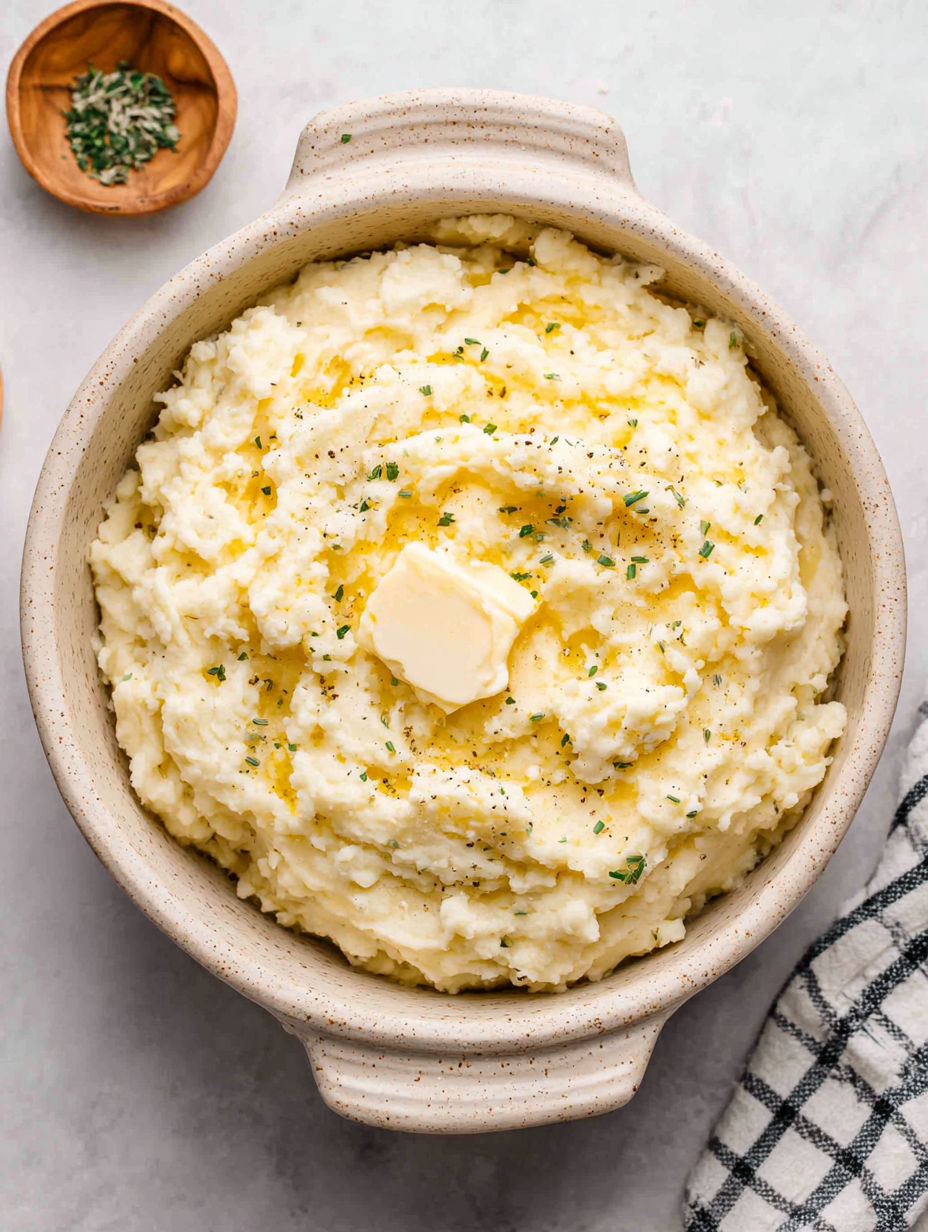 A bowl of mashed potatoes with butter on top.