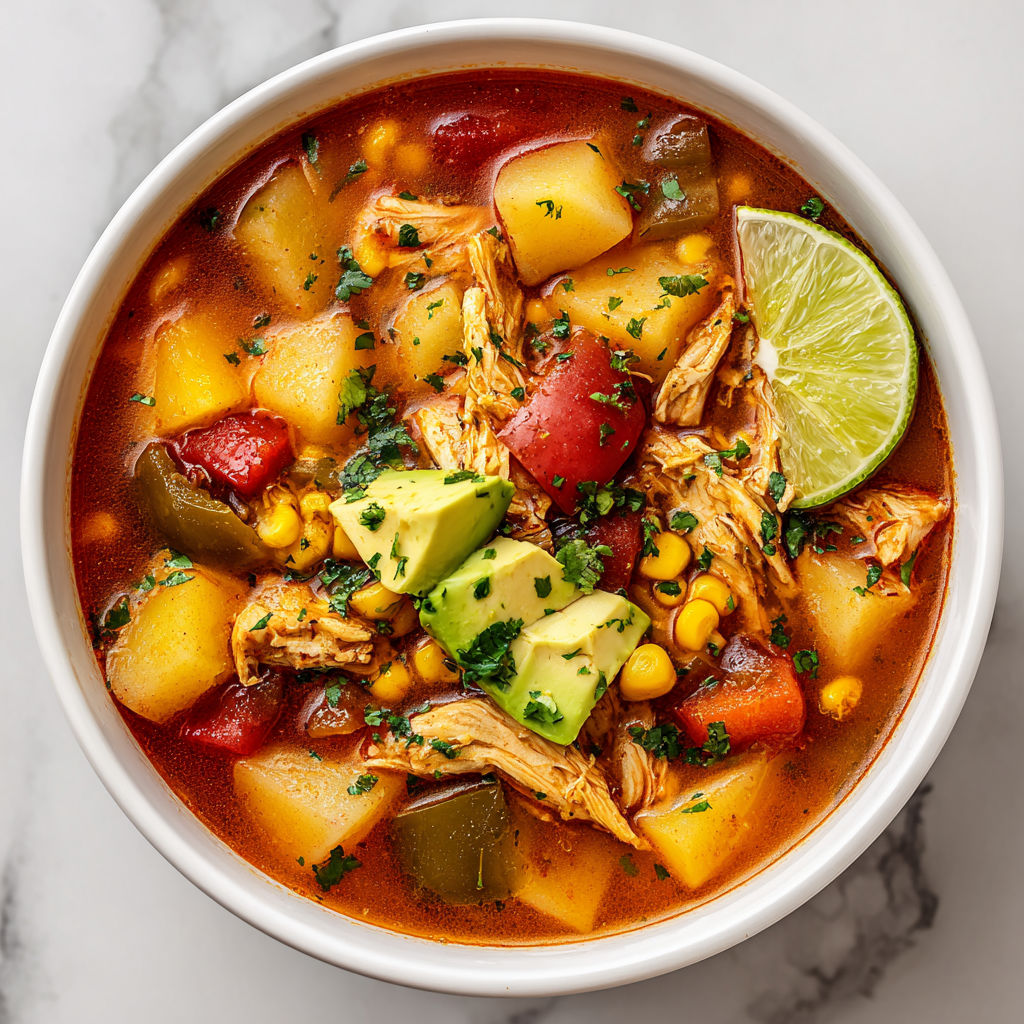 A bowl of soup with chicken, potatoes, and lime.