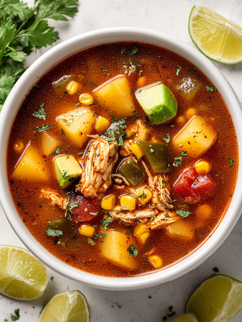 A bowl of soup with chicken, potatoes, corn, and avocado.
