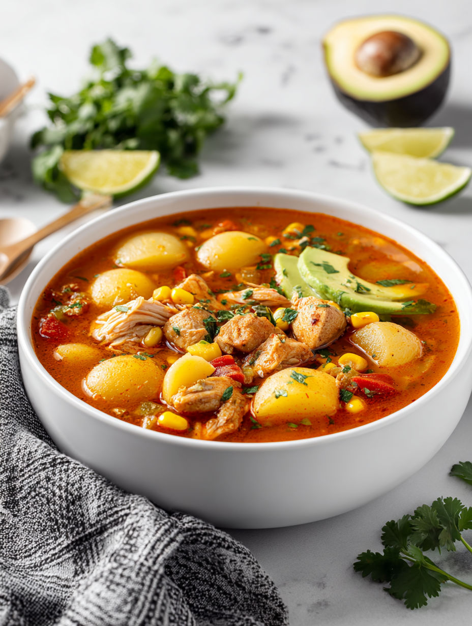 A bowl of soup with chicken, potatoes, and avocado.