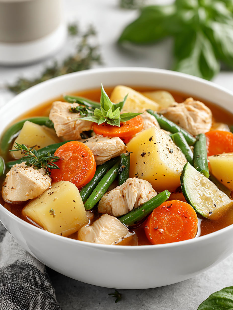 A bowl of chicken and vegetables.
