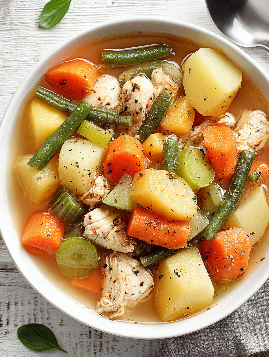 A bowl of chicken and vegetable stew.