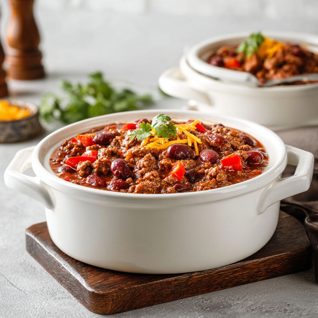 A white bowl filled with chili.