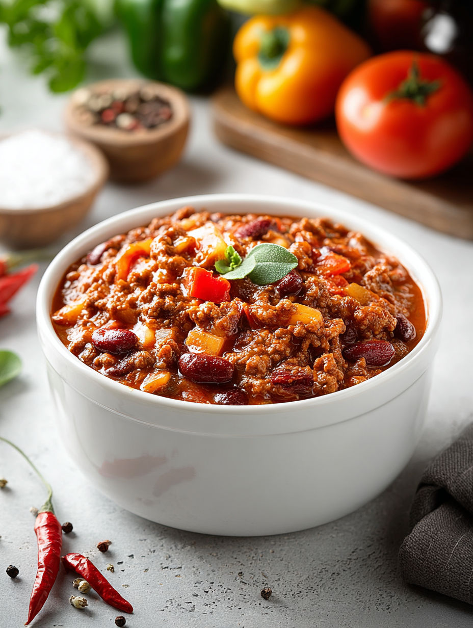A bowl of chili with a spoon in it.