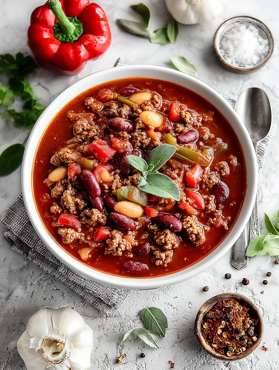 A bowl of chili with beans, peppers, and meat.