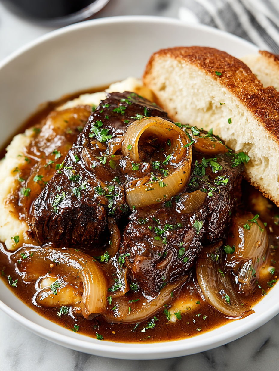 A bowl of beef stew with onions and herbs.