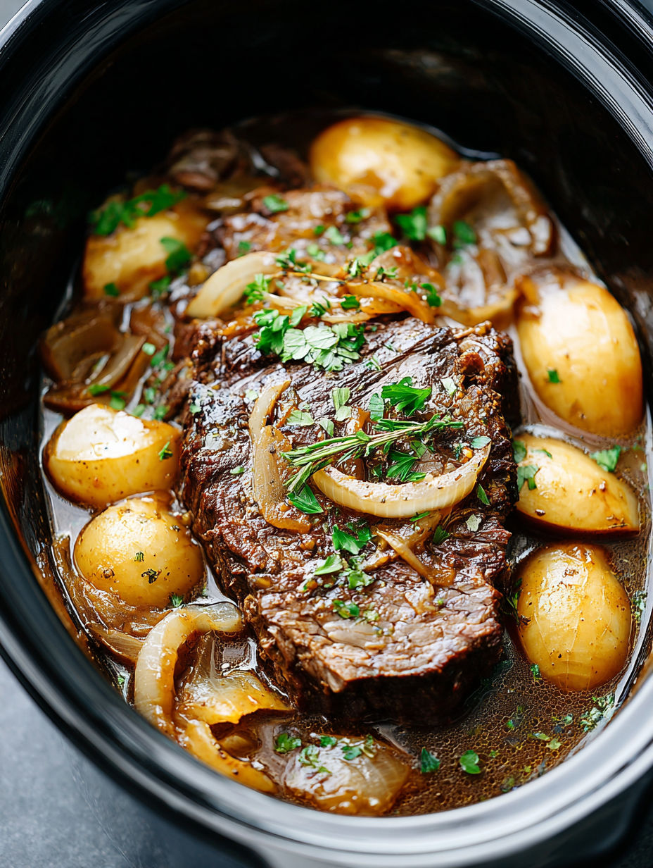 A crockpot filled with French onion pot roast.