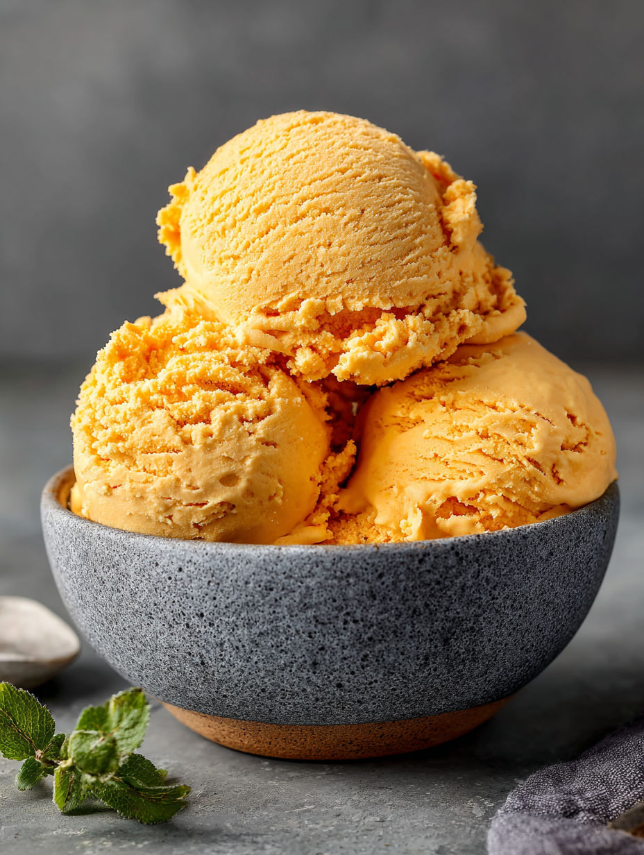 A bowl of ice cream with a scoop of cottage cheese pumpkin ice cream.