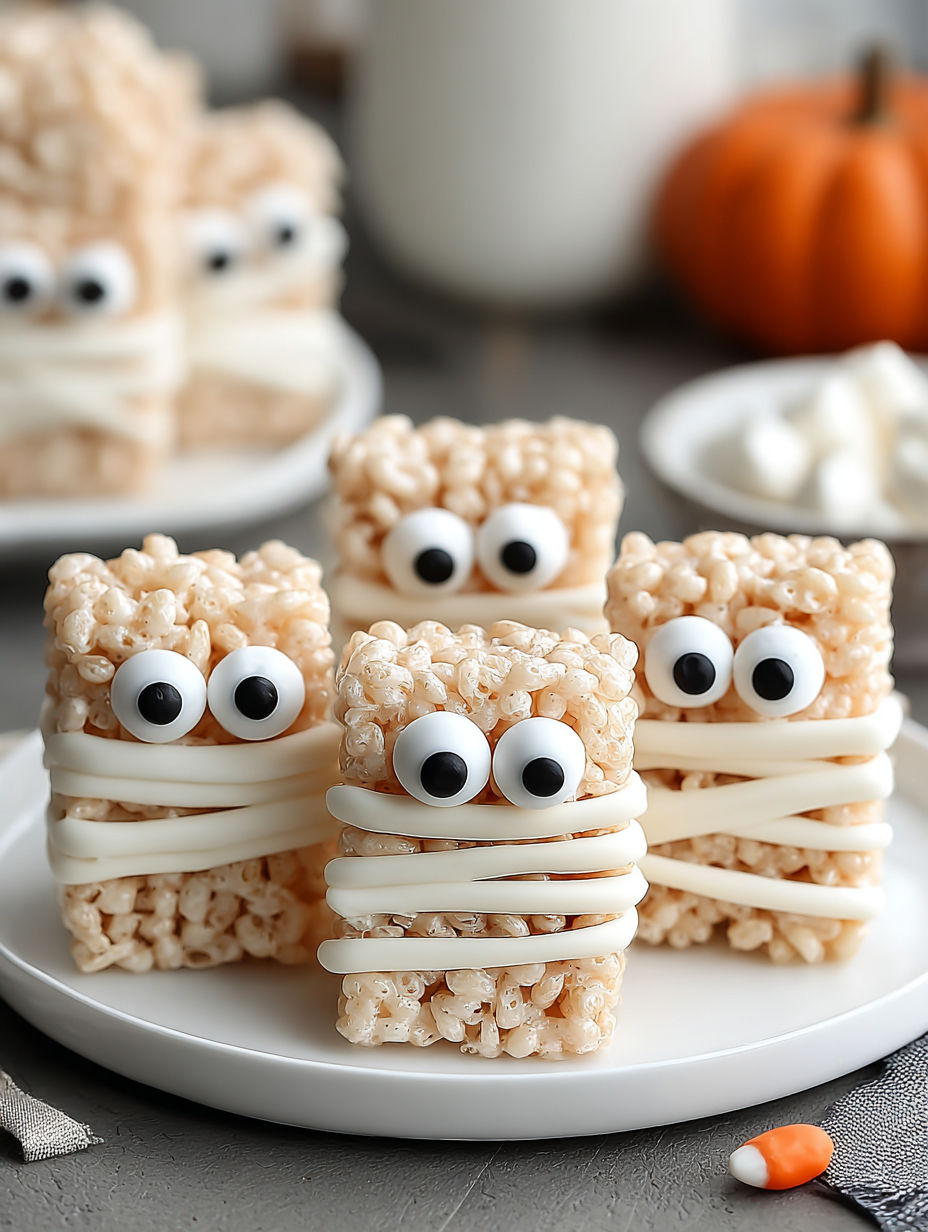 A plate of rice krispie treats with googly eyes.