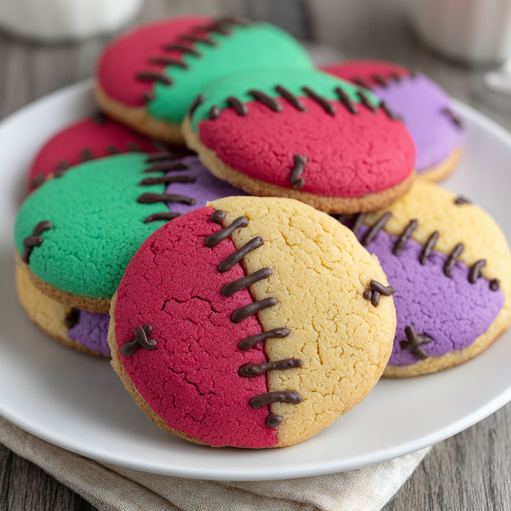 A plate of colorful stitched sugar cookies.