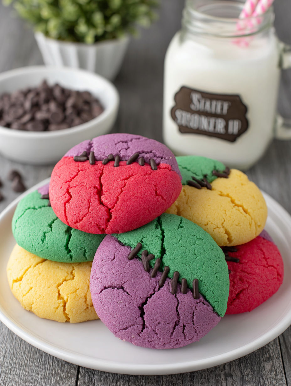 A plate of colorful sugar cookies with a Halloween theme.