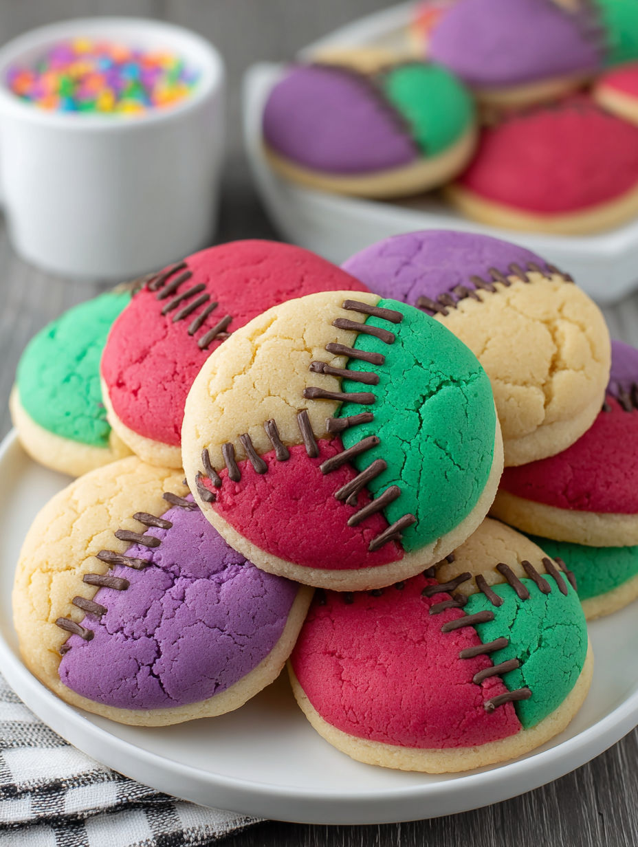 A plate of colorful stitched sugar cookies.