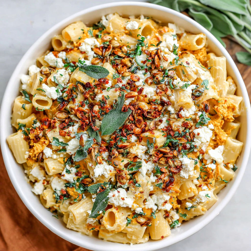 A bowl of pasta with feta cheese and pumpkin seeds.